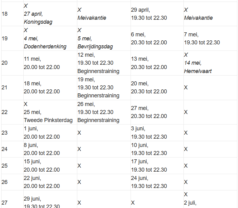 Afwijkende speeldagen en speeltijden tot de zomerstop (Senioren)